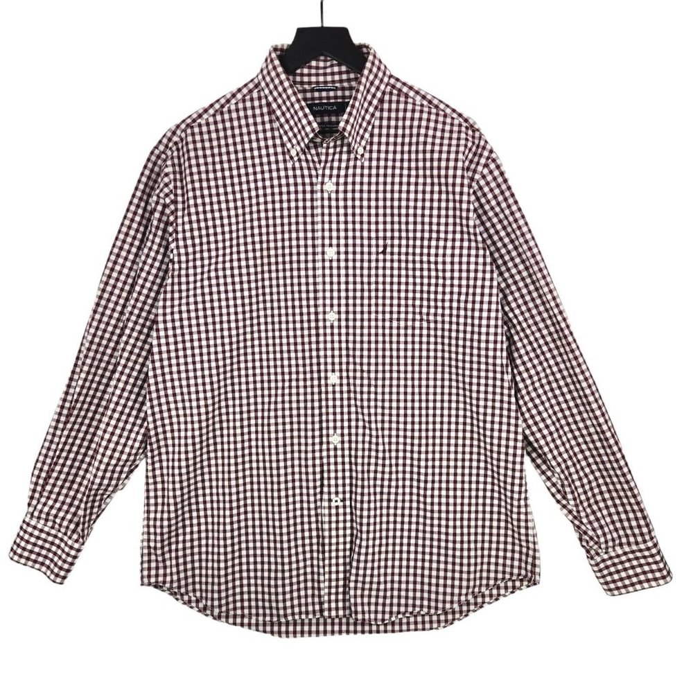 Nautica Men's Button Down Shirt Sz Large Red Black White Plaid Long Sleeve Logo